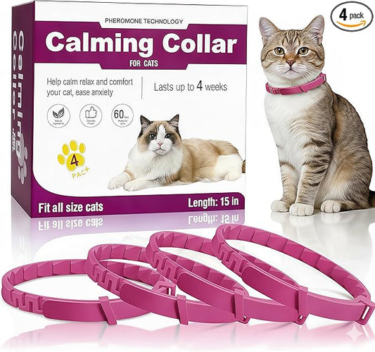 Calming Collar for Cats, Pheromone Infused for Anxiety Relief & Stress, Adjustable & Waterproof, 4 Pack(Pink)