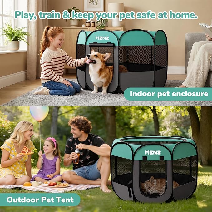 MZNZ Dog Playpen, Portable Puppy Pet Crate Indoors for Small/Medium Dogs Cats Rabbits, Foldable Dog Cage Enclosure for Outdoor, Pop Up Dogs Tent Kennel with Carrying Case, Blue
