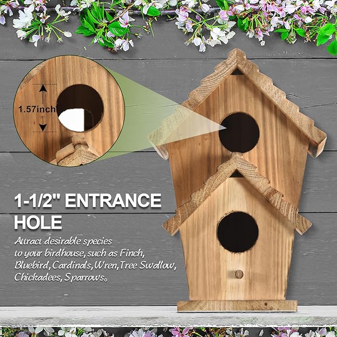 NATUREYLWL Bird Houses for Outside-2 Hole Wooden Outdoor Bird House,Wild Bird Box House,Nesting Box Birdhouse,Garden Bird Roosting