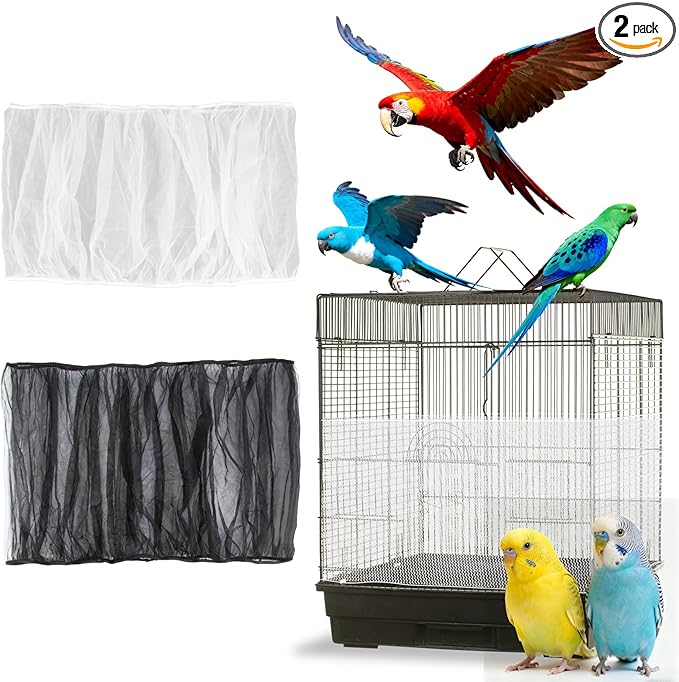 RAINFLOW 2Pcs Bird Cage Seed Catcher - Black White Bird Cage Cover, Birds Cages Netting Skirt Birds Cages Seed Catcher Guard for Parrot Parakeet Enclosures