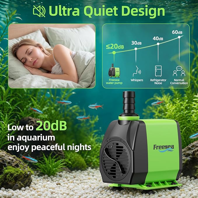FREESEA 800GPH Small Pond Pump: Circulate 500-1200 Gallon Pond in 1-2 Hours | 24/7 Reliable Operation for Crystal Clear Water & Healthy Koi - 45W Quiet Motor with Adjustable Flow