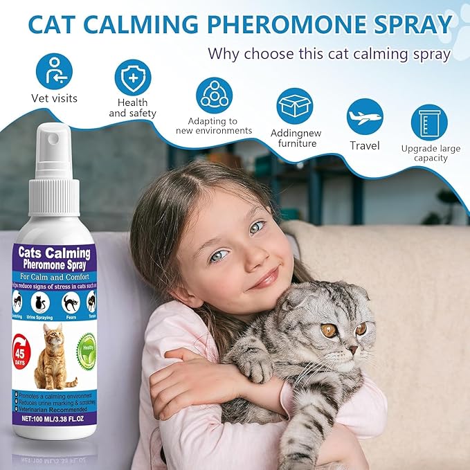 Cat Calming Pheromone Spray for Stress & Anxiety Relief – Reduces Scratching, Urine Spraying, Hiding – Drug-Free & Vet Recommended – Feline Calm Spray with F3 Facial Pheromone 2 * 100mL 8.5oz