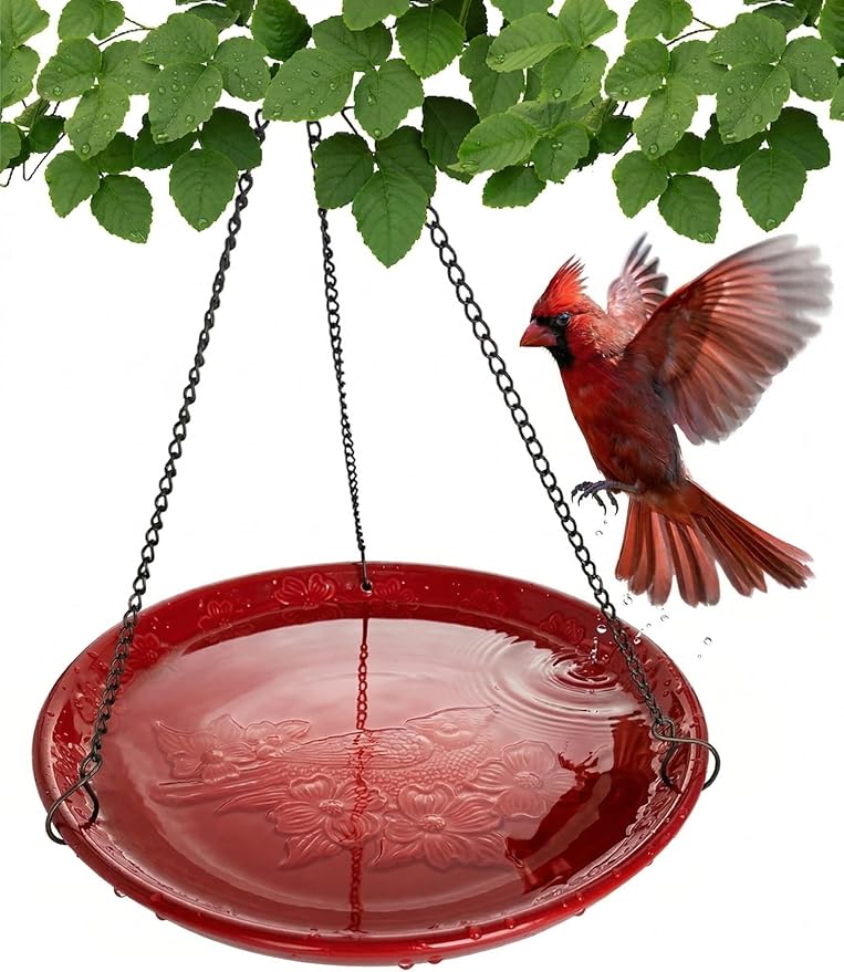 Red Ceramic Bird Bath Bowl - Hanging Bird Baths for Outdoors - 12-Inch Glazed Ceramic Bowl with Embossed Cardinal & Dogwood Design - Metal Chain & Hook