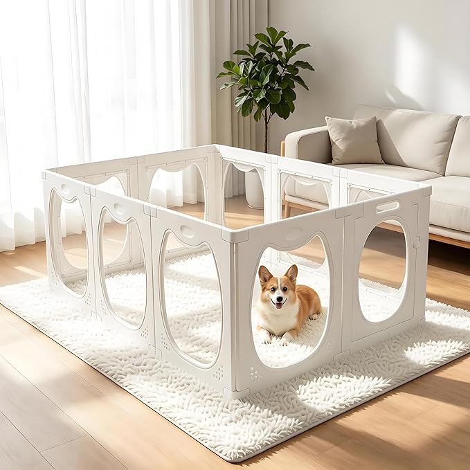Clear Acrylic Dog Playpen with Door, 10 Panels Large Clear Dog Playpen Indoor, 23.6" Transparent Pet Fence, Expandable Puppy Playpen with Suction Cups, Easy Assemble for Medium/Small Dogs & Pets