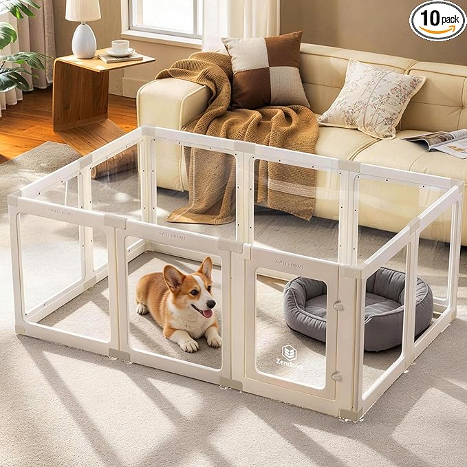 Acrylic Dog Playpen Indoor for Small Dogs & Puppies, Clear Transparent Pet Playpen with Modern No-Bar Design, 23.6" Easy Assemble Puppy Play Pen, Escape-Proof & Sturdy (10 Panels, White)