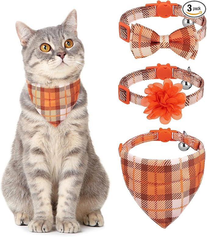 Breakaway Cat Collars with Bell & Cute Pendants - 3 Pack Adjustable Safety Kitten Collars - Decoration for Girl Boy Cats Puppy and Small Pets (Style C - Fall)