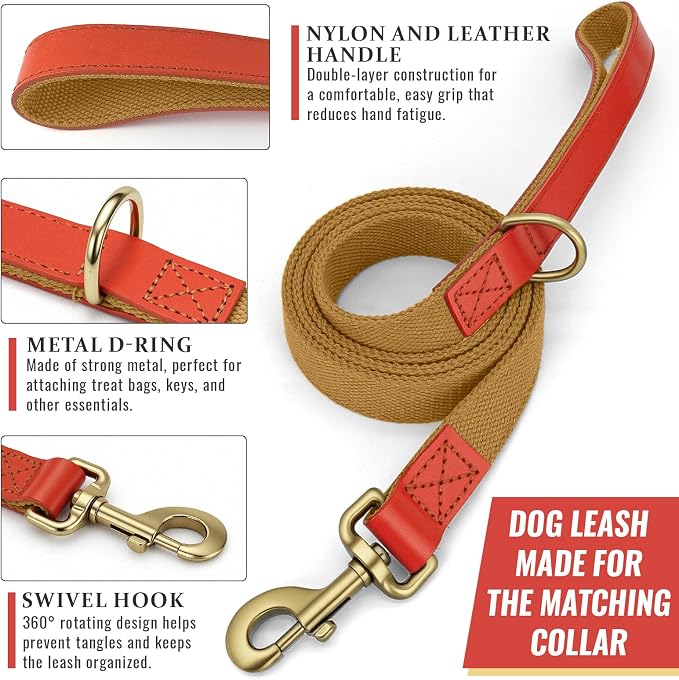 Dog Collar and Leash Set with Metal Quick Release Buckle, Adjustable, Breathable Nylon, Durable, Soft and Comfortable, No Pull for Walking and Training, Khaki, L (14.9"-22.8")