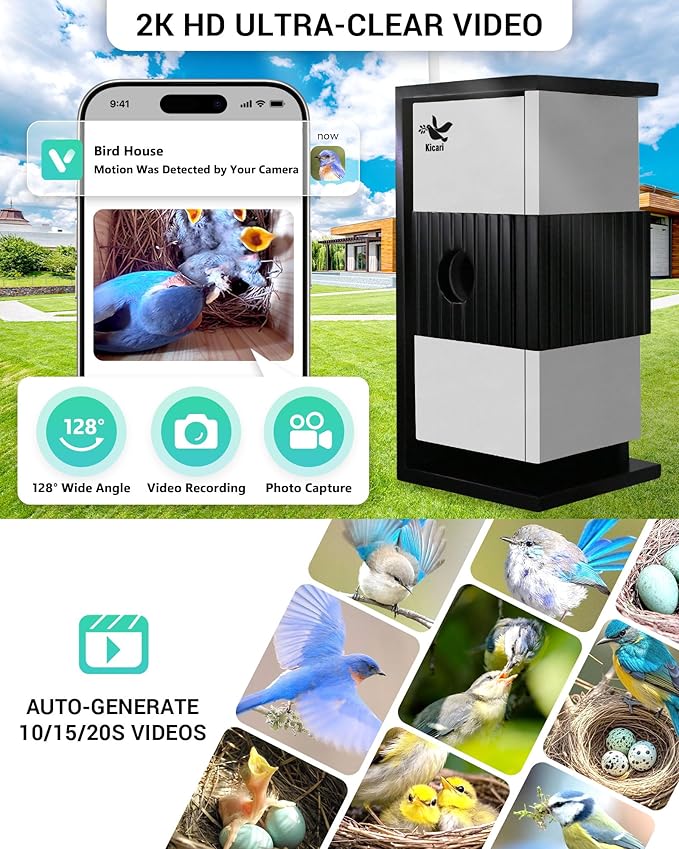 Bird House with Camera 2K HD, Solar & Battery Powered, Dual Night Vision, PIR Motion Sensor, Two-Way Audio, WiFi App Control, Weatherproof Wooden Smart Bluebird Nest Box for Outdoor Use, Gray