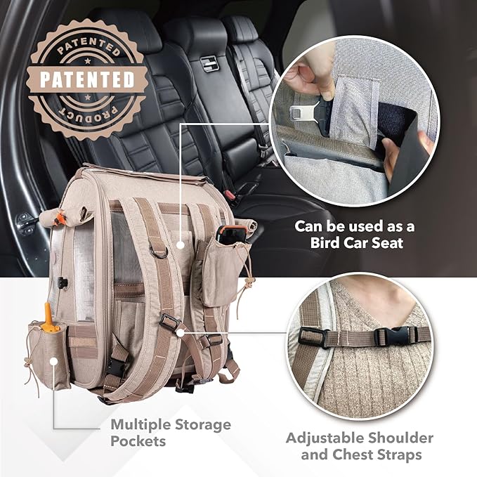 ibiyaya - BirdTricks TrackPack - Bird Backpack Carrier with Perch - Bird Carrier for Small Birds with Steel Feeding Bowl, and Breathable and Durable Material - Beige