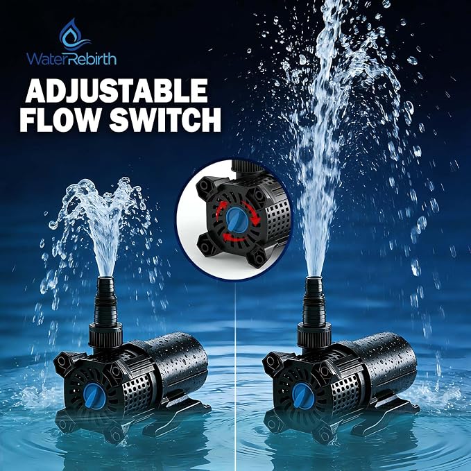 Pond Pump, 1300GPH Ultra Quiet, 72W Energy Saving Submersible Pump, Adjustable Flow, 2 Install Options, 20.3ft Cord for Koi Pond, Waterfalls, Fountains & Hydroponics