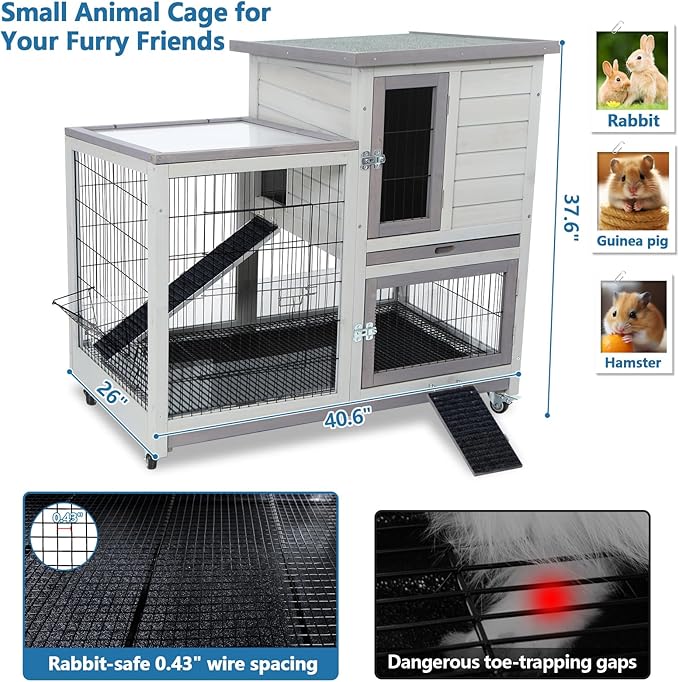 FunXplore 2-Tier Rabbit Cage & Bunny Hutch Indoor Outdoor, 4 Metal Wheels, Chew-Resistant Aluminum-Edged Frames & Ramps, Leak-Proof Trays, Easy Assembly, Spacious for Rabbits & Small Animals