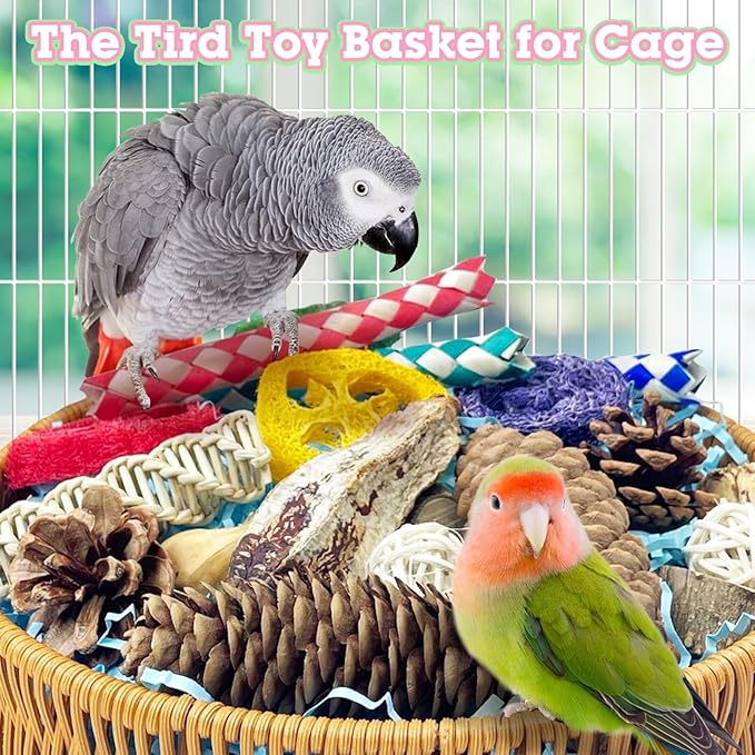 BNOSDM Rattan Bird Foraging Box 19 Pcs Natural Parrot Shredding Toys Boxes Colorful Bird Chewing Toy for Cockatiel Budgie Parakeet Conure Lovebird African Grey