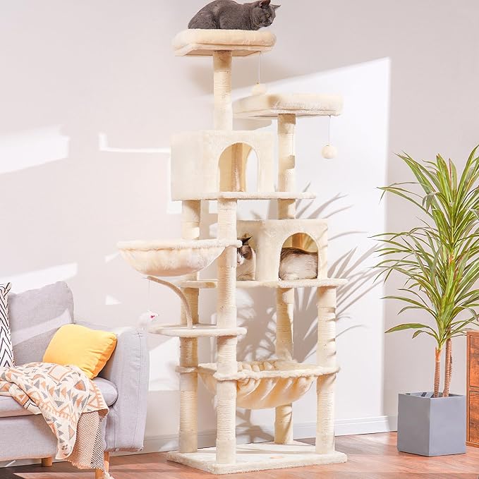 Heybly Cat Tree, 70 inches Tall Cat Tower Condo with Toy for Indoor Large Cats, Cat House Furniture with Padded Plush Perch, Cozy Hammock and Sisal Scratching Posts, Beige HCT032M