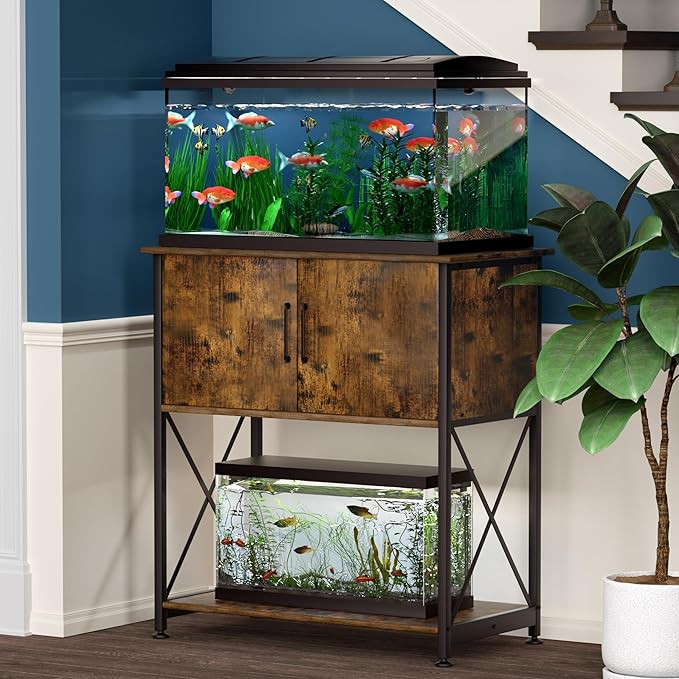 Herture 20-29 Gallon Aquarium Stand Metal Frame Fish Tank Stand with Cabinet Storage, for 20 Gallon Long Aquarium,30.7" L*16.5" W Tabletop,330LBS Capacity Rustic Brown and Black PG01YGN
