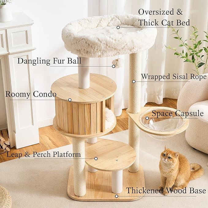 797Audio Wood Modern Cat Tree, 48" Cat Tower with Sisal Scratching Posts, Cat Condo, Capsule and Bed, Solid Wooden Aesthetic Multi-Level Cat Climbing Tree for Large Adult Indoor Maine Coon Cats-White