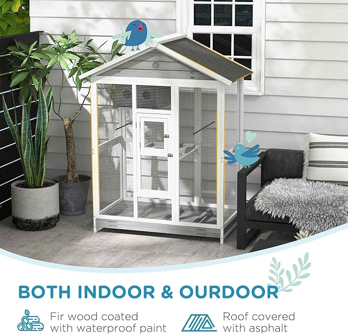 PawHut 64.5" Wooden Bird Cage Aviary, Flight Cage with 4 Perches, Nest and Slide-Out Tray for Indoor/Outdoor, Gray