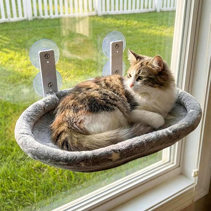 Cat Window Perch Hammock - Glow in The Dark Cordless Foldable Pet Bed with Sturdy Metal Frame & Strong Suction Cups, Star Print Resting Seat for Indoor Cats with Removable Washable Cover