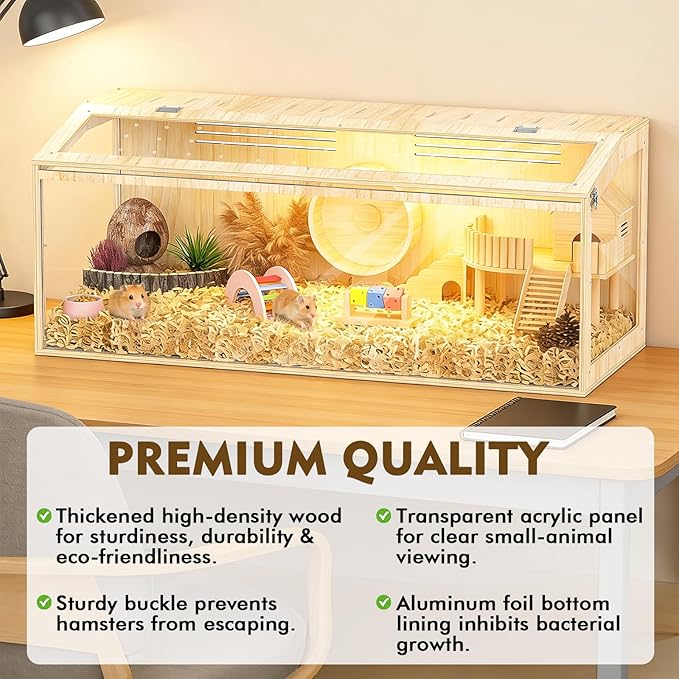 XiaZ Hamster Cage Chewproof,48 Inch Large Hamster Tank with Panoramic View and Ventilated Top,Durable Plywood Solid Wood Frame,Spacious Acrylic Glass Habitat for Syrian Dwarf Hamsters and Degus
