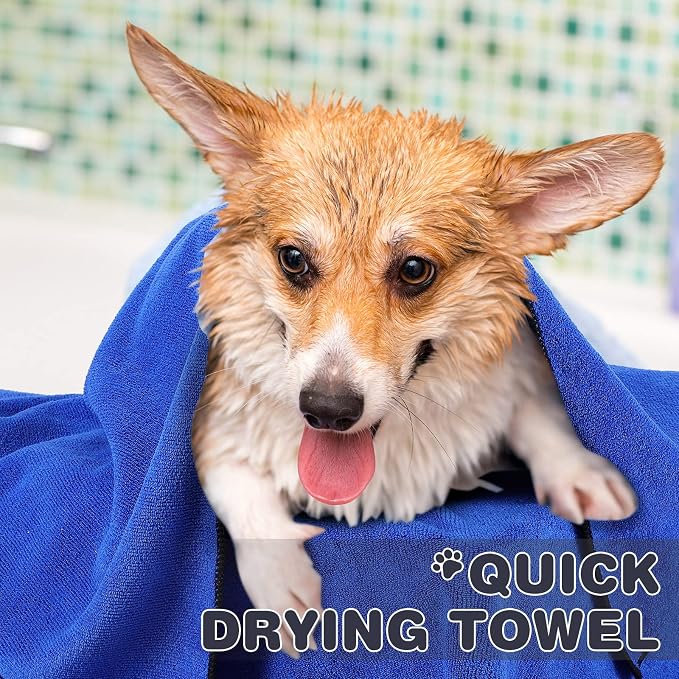 Chumia 4 Pack Dog Towels for Drying Large Microfiber Grooming Tools Absorbent Soft Bath Supplies with Embroidered Paw for Small Medium Pet Products(16 x 32 Inch,Blue)