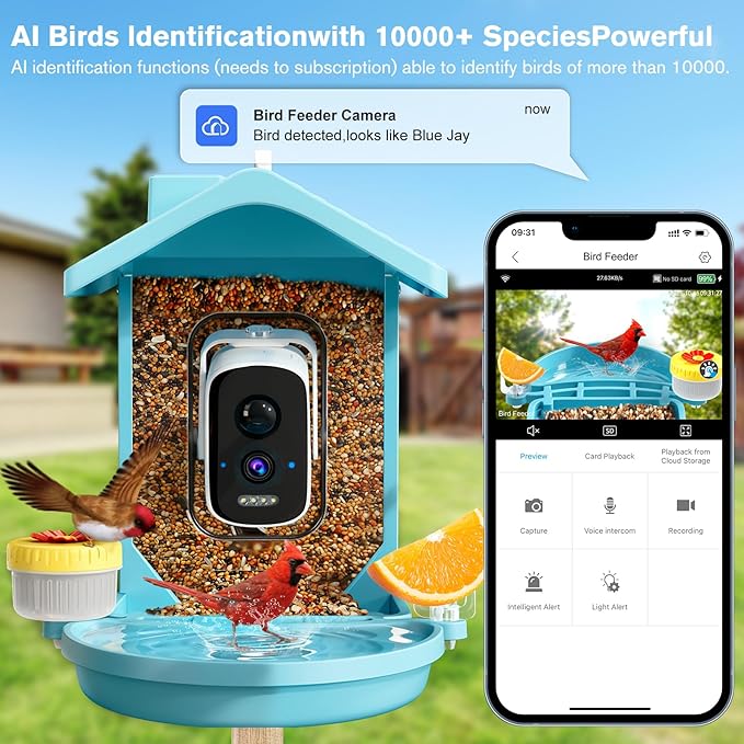 Smart Bird Feeder with Camera Solar Powered, AI Birds Species Identification, 2.5K HD Video Bird House with Camera for Outside, Weatherproof Design Ideal Gifts for Christmas, Bird Lovers, Blue