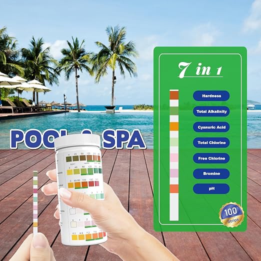 7-Way Pool Test Strips, 100 Strips Water Chemical Testing for Hot tub and Spa, Accurate Test Bromine, Total Alkalinity, pH, Free Chlorine, Total Hardness, Cyanuric Acid, and Total Chlorine