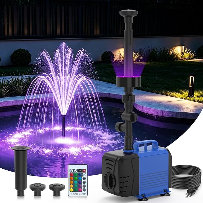 Pond Fountain Pump Kit, 600GPH Submersible Water Pump with Remote Control LED Lights, 3 Spray Patterns, Adjustable Flow, Quiet Operation, for Pond, Garden, Backyard Water Feature