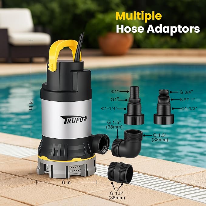 1 HP Sump Pump 4000 GPH Clean/Dirty Stainless Steel Submersible Water Pump Portable Electric Utility Pump with Folding Handle for Swimming Pool Garden Basement Tub Pond Draining