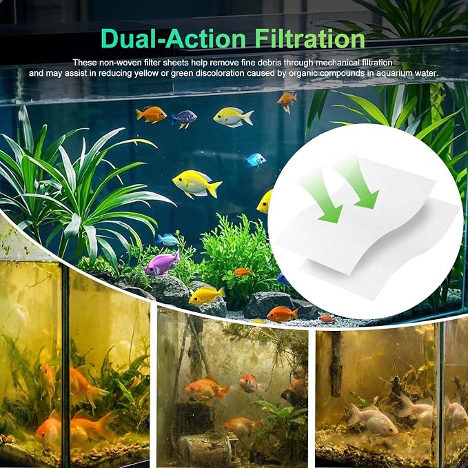 Aquarium Filter Sheets, Fits Most Standard Filters, 50 Pack | Filter Sheets Helps Reduce Cloudiness and Yellow or Green Tint, Safe for Freshwater and Saltwater Tanks