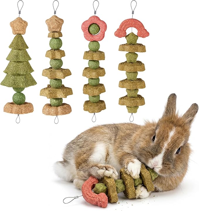 4 Pack Rabbit Chew Toys Bunny Treats, Prevent Teeth Overgrowth, Chew Toys for Guinea Pig/Hamster, Made with Timothy Hay & Vegetables for Rodent Pets, Small Animal Toys