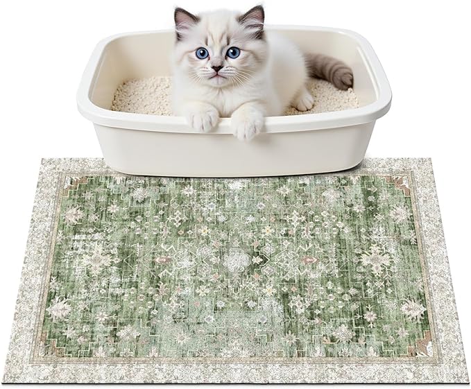 Cat Litter Mat Litter Trapping Mat, 24"x15" Waterproof Urine Proof Litter Box Mat Catcher Mat Non-Slip Washable for Kitty Kitten, Green