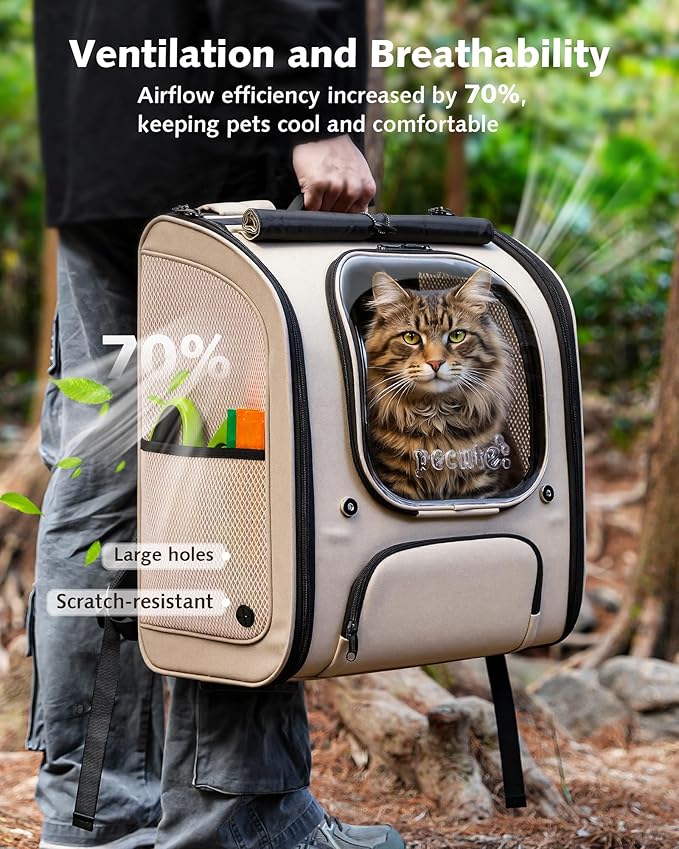 Pecute Cat Backpack Carrier XL, Large Space Cat Bubble Backpack, Breathable Cat Carrier, Shaded Dog Backpack Carrier, Ergonomic 3D Design for Travel, Hiking, Suitable for Shopping, and Vet, Khaki