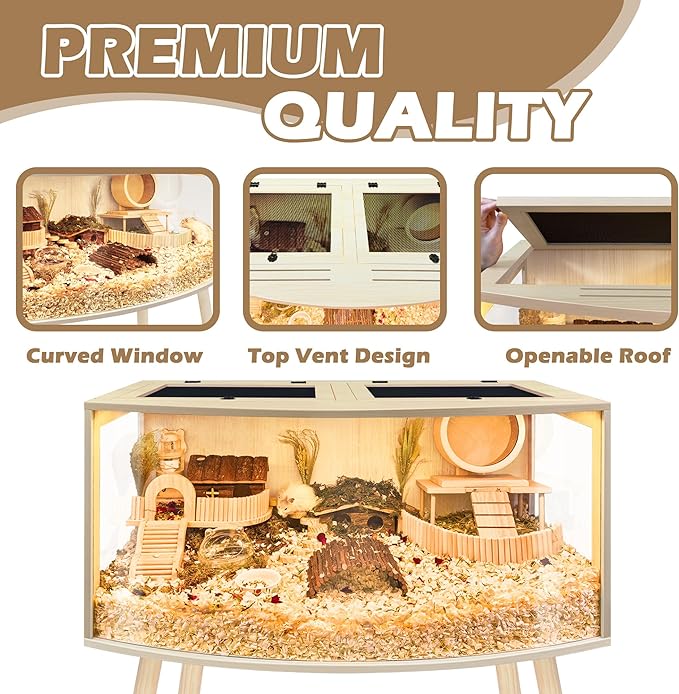 Prolee Hamster Cage with Curved Design,Chew Proof Wooden Hamsters Enclosure with Leg Stand and Openable Top or Gerbils,Hamster Habitat (40"x20"x20")