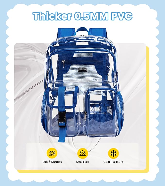 Vorspack Clear Backpack for School - Heavy Duty Transparent Bookbag for Girls Boys Large See Through backpacks for Work, College, Travel - Blue