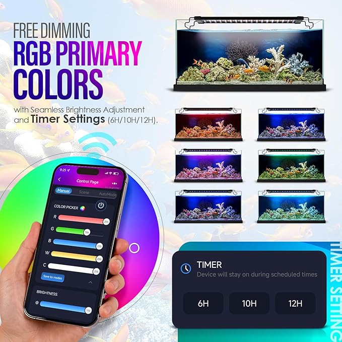 22W Smart Bluetooth App-Controlled Aquarium Light - Customizable Light Colors,Timeable,24/7 User-Defined Sunrise/Sunset Simulation,Tropical Lighting Mode,Suitable for 24-30" Fish Tanks