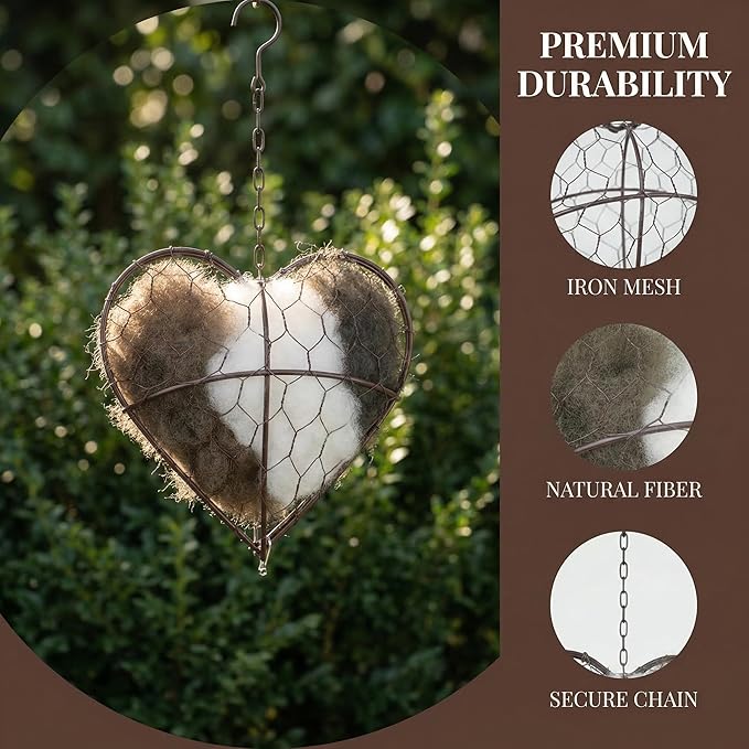 Alpaca Fiber Bird Nesting Heart - Refillable Bird Nesting Material Holder for Wild Birds, Hummingbird Nesting Material, Heart Shaped Nesting Material for Birds, Outdoor Garden Decor