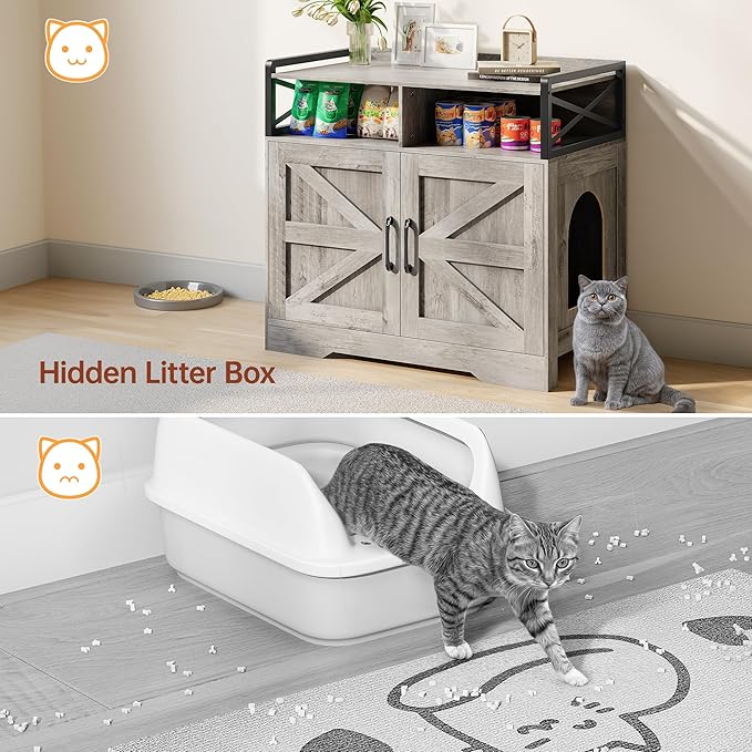 OtterOasis Cat Litter Box Enclosure, Ultra-Large Hidden Litter Box Furniture with Top Opening, Anti-Tipping Fence and 2 Open Drawers, Litter Box Cabinet End Table, Grey