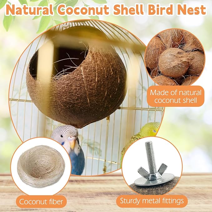 Coconut Bird Nest for Cage Natural Coconut Shell Birds House Parakeet Small Coconut Hide Breeding Hut Bird Cage Accessories for Parrot Lovebirds Budgies Cockatiel Conure Finch Canary