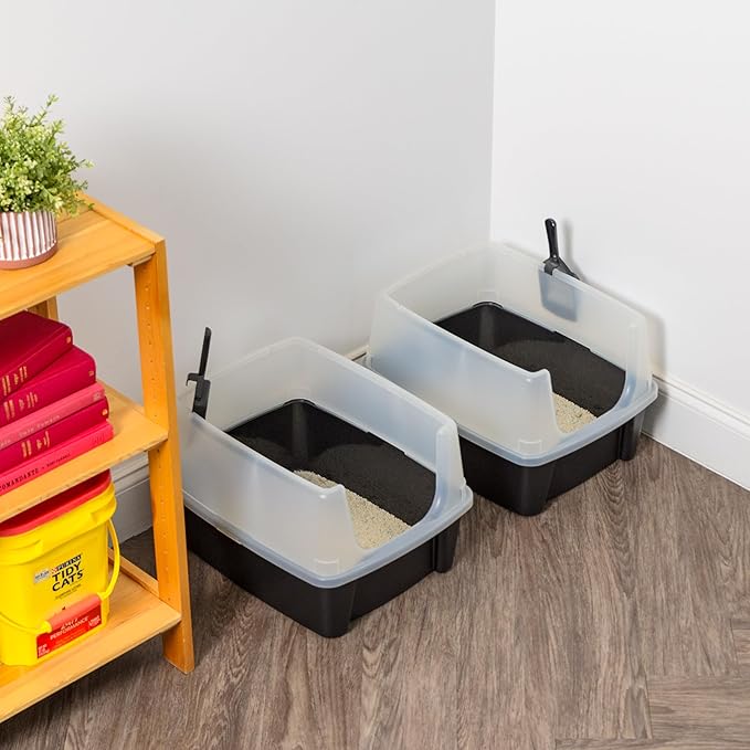 IRIS USA Cat Litter Box Large Open Top with High Sided Walls Tall Scatter Shield Scoop Included Easy Clean Plastic Pan Stain Resistant for Cats Kittens Indoor Multi-Cat Households 2-Pack Black