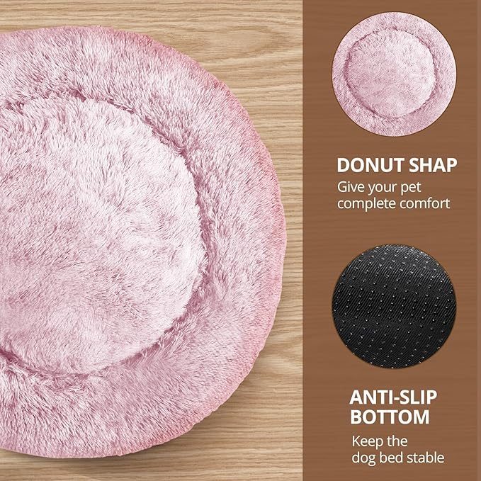 JOLLYVOGUE Calming Dog Beds Large Sized Dog, 36in Donut Washable Large Pet Bed, Anti-Slip & Anti-Anxiety Fluffy Faux Fur Round Dogs Bed, Fits up to 80 lbs Pets (Smoke Pink)