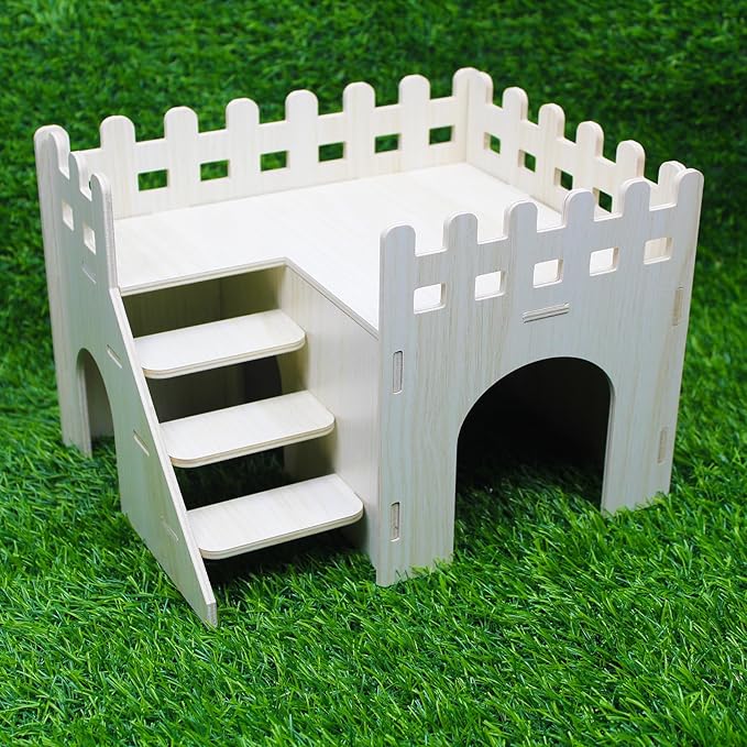 Amonk Hamster Hideout 10x8x7 inch Large Size Wooden House Wood Hut Habitats Decor with Climbing Ladder for Bunny, Chinchillas, Dwarf Rabbits, and Other Small Pet Animals
