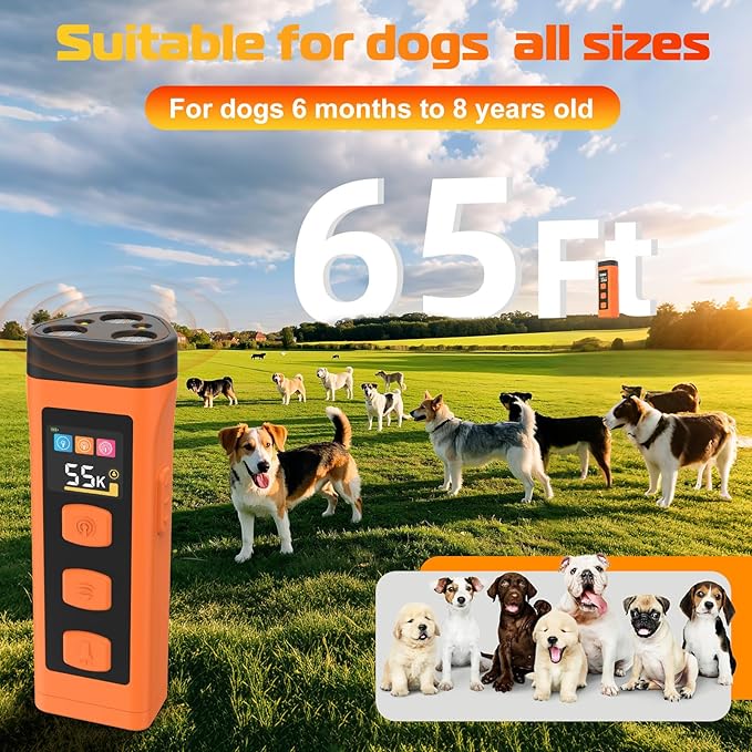 Dog Bark Deterrent Device, Ultrasonic Dog Trainer, Anti Barking Device with 65FT Range, Humane Bark Control for Dogs, 3 Training Modes, Works Indoors & Outdoors