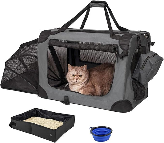 Prutapet Expandable Large Cat Carrier for 2 Cats Big Cat 20lbs+ Soft Sided Portable Crate 24"x16.5"x16.5" for Car Traveling Long Trips Ride with Collapsible Bowl and Litter Box