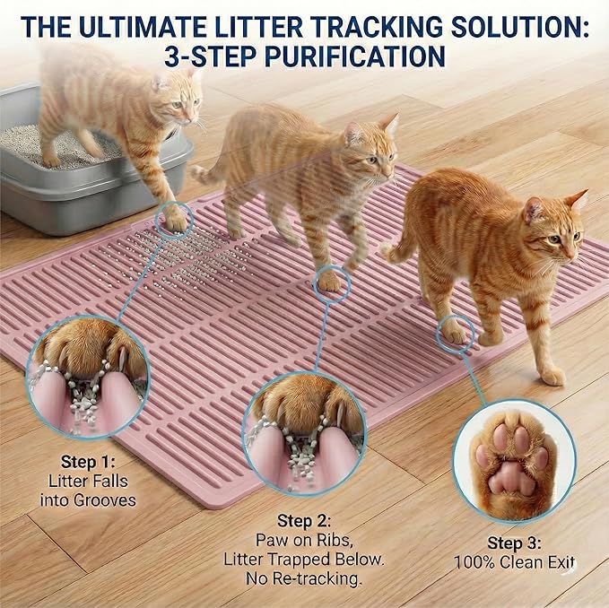 Extra Large Litter Mat: XL 39"x29" Silicone Waterproof Groove Design Litter Trapping Mat Easy to Clean for Multiple-Cats - Jumbo Non-Slip Cat Box Rug for Floor (Pink)