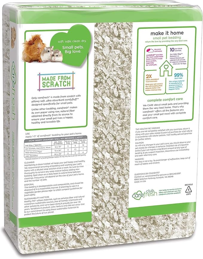 Carefresh 99% Dust-Free White Natural Paper Small Pet Bedding with Superior 10 Day Odor Control & Absorption, for Guinea Pigs, Hamsters, Rabbits, & Rats, 50 L