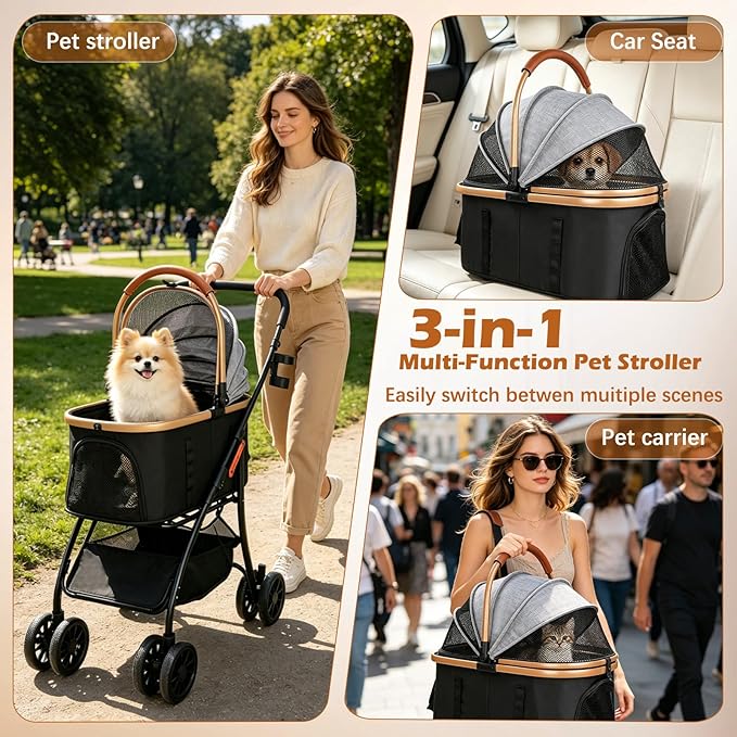 Pet Stroller for Small Medium Dogs & Cats – 3-in-1 Detachable Carrier, Zipperless Entry, Lightweight Folding Travel Stroller with Storage Basket, Cup Holder, Gray