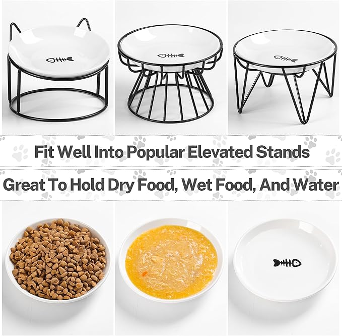 Cat Food Bowls, Whisker Friendly Ceramic Cats Bowls with Nonslip Silicone Base, Pack of 6 Quiet Dishes and Plates for Feeding Indoor Cats, Kittens and Small Dogs(Fishbone+Cat Paw,Shallower)