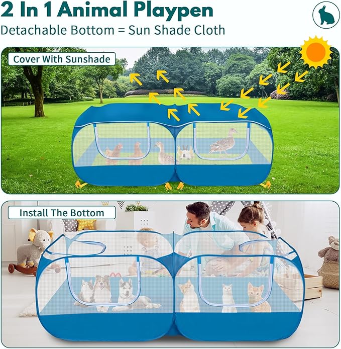73" Large Small Animal Playpen with Detachable Bottom, Portable Chicken Coop Run and Chick Brooder, Pop Up Pet Enclosure Tent for Guinea Pigs, Bunnies, Puppies, Cats, Indoor/Outdoor Exercise Pen