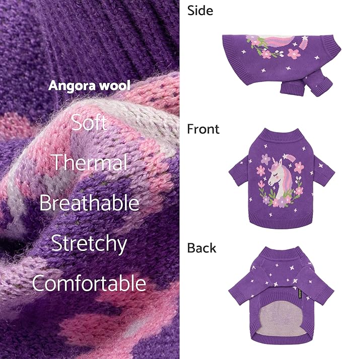 Fitwarm Adorable Unicorn Dog Sweater, Thermal Dog Winter Clothes for Small Dogs Girl, Pet Outfit, Purple, Pink, White, Small
