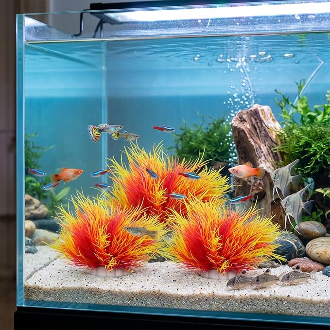 3 Pack Aquarium Plants Realistic Fish Tank Plants, Pink and Yellow | Plastic, with Weighted Base, Small Round Aquarium Decor, for Betta Tanks, Aquascaping, Reptile Terrariums