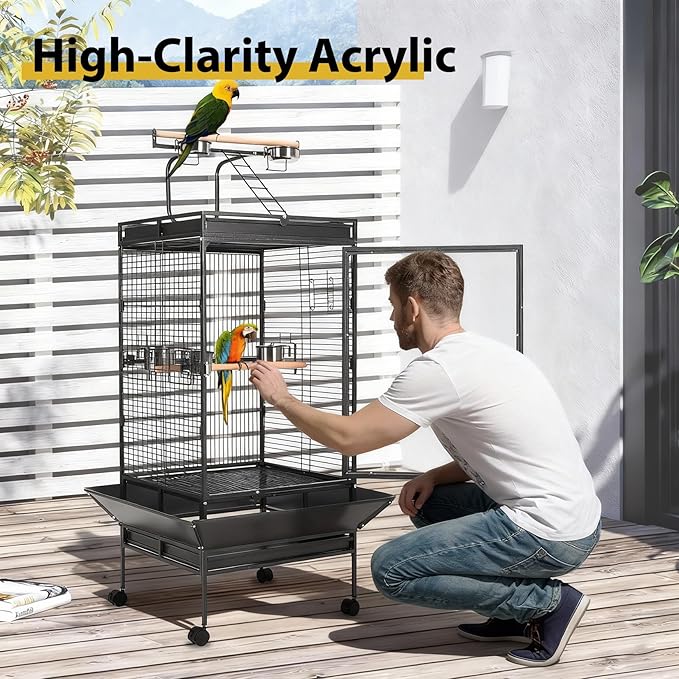 64.4" Tall Large Bird Cage, Metal Parrot Cage with Rolling Stand, Play Top & Bowls - Bird Aviary for Parrots, Parakeets, Conures, Cockatiels, Indoor Outdoor Aviary for Outside Porch Garden Yard